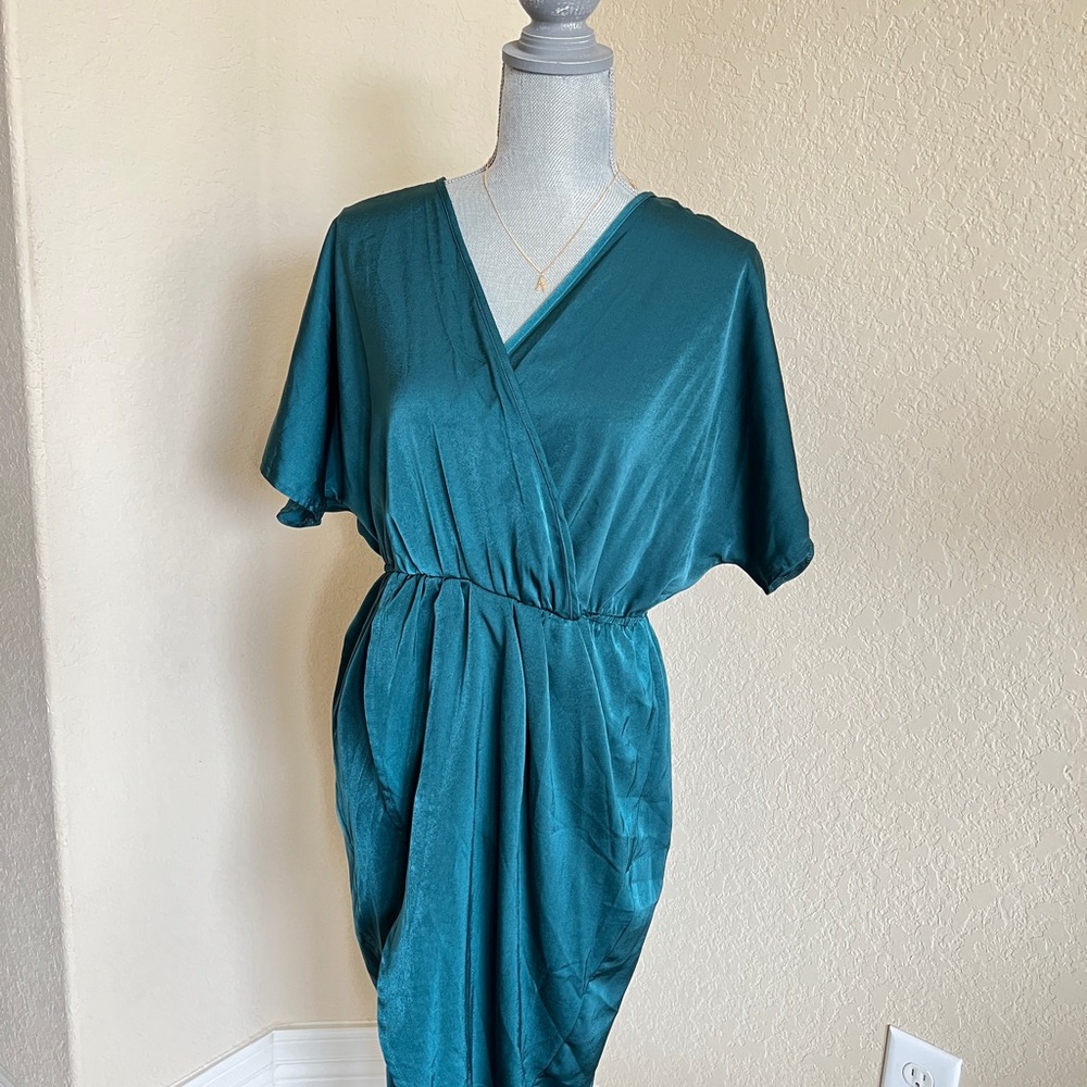 Teal Satin Wrap-Style Dress